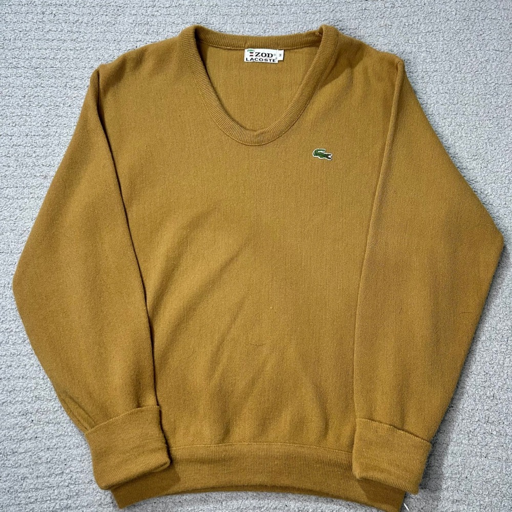 IZOD Lacoste Sweater V-Neck Medium Mustard Yellow Vintage 80s Preppy Knit Logo